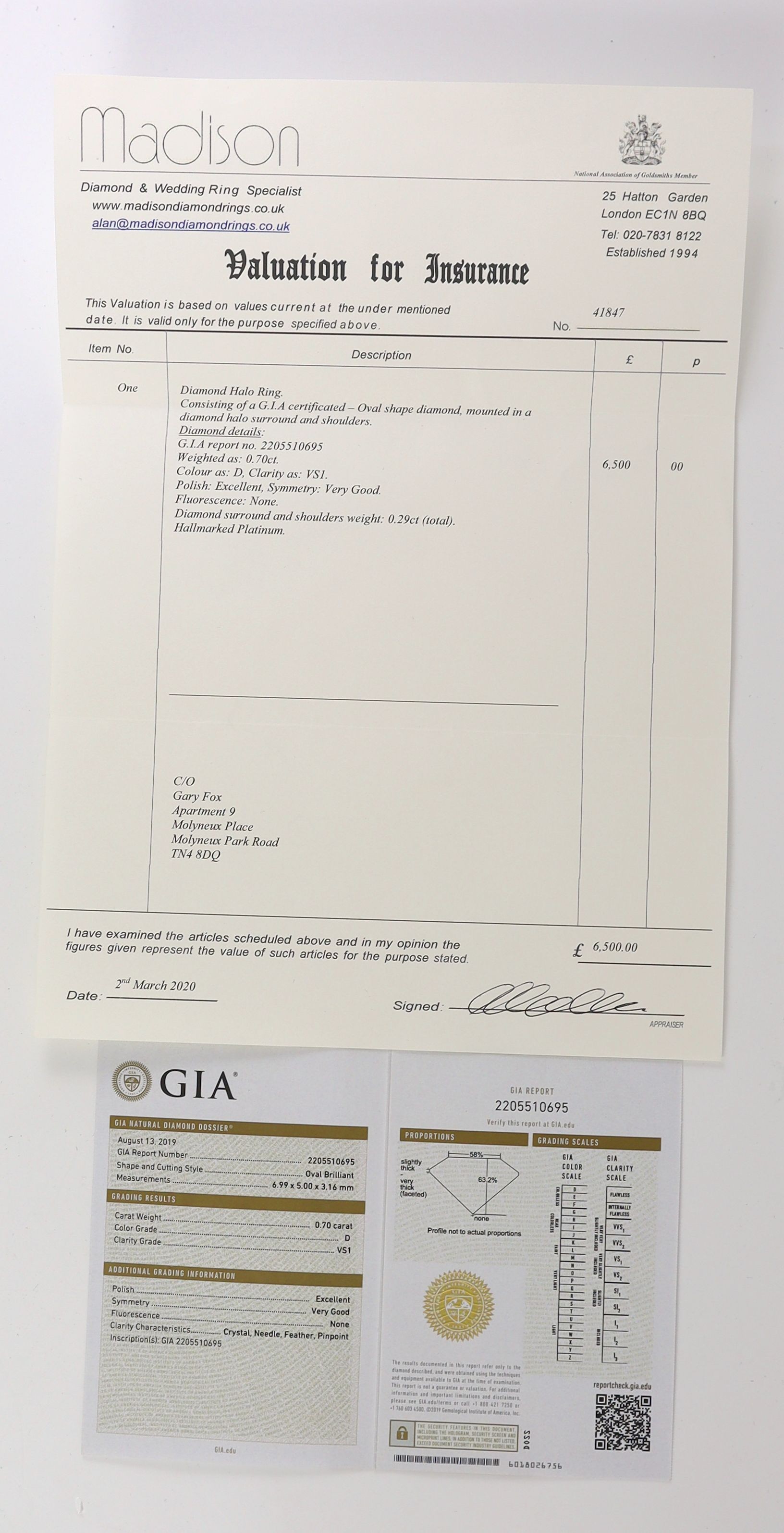 A modern platinum and single stone oval cut diamond set ring, with diamond setting and diamond set shoulders, with accompanying GIA report dated 13/8/2019, stating that the oval brilliant cut diamond to weigh 0.70ct with